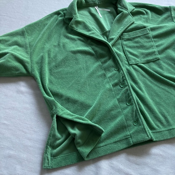 Anthropologie Green Terry Button Front Top L | Relaxed Soft Casual - Picture 2 of 8